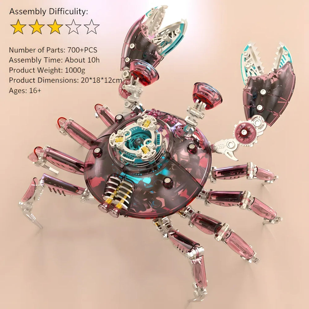 An informational graphic for the Mechanical Crab, confirming its 3-star intermediate difficulty, 700+ parts, 10-hour assembly time, and 1000g weight