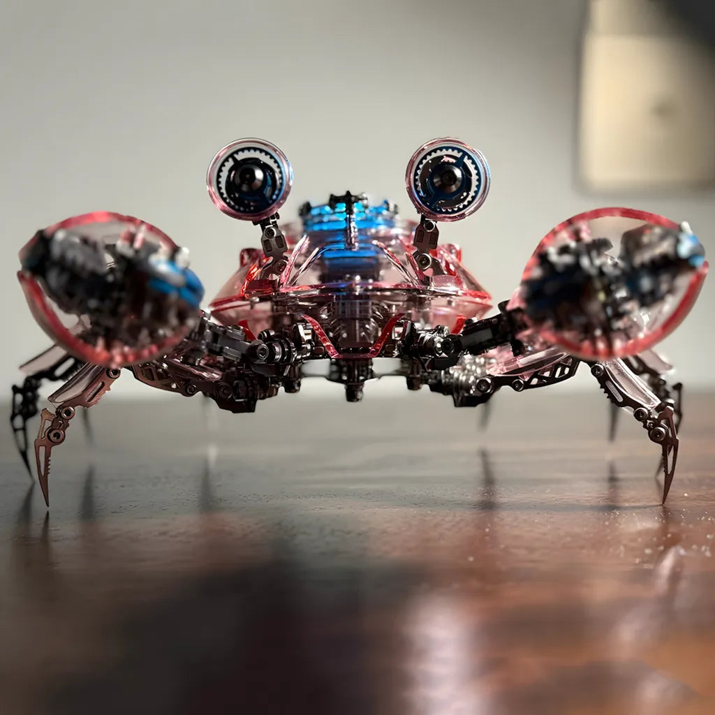 A low-angle front view of the Cyberpunk Crab with pink translucent armor, showcasing its articulated legs and glowing blue core