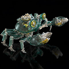 The Cyberpunk Mechanical Crab with green translucent armor and internal lighting, shown on a black reflective surface
