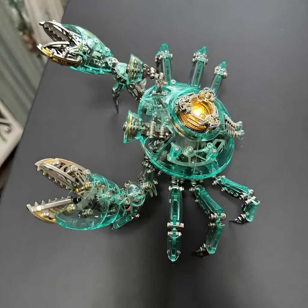 The green translucent Cyberpunk Crab model with its central light core glowing yellow, placed on a dark desk