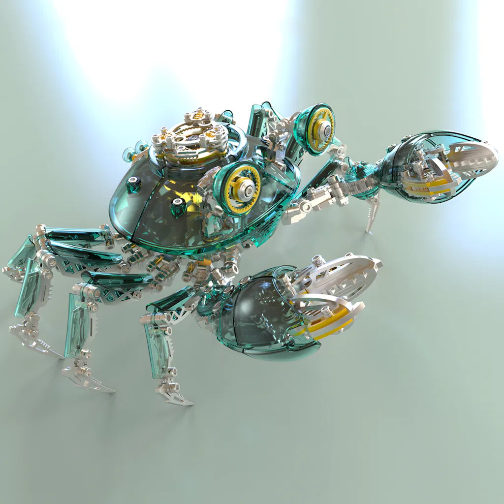 The green translucent variant of the Cyberpunk Mechanical Crab, showcasing its intricate metal skeleton and gold/yellow gear accents