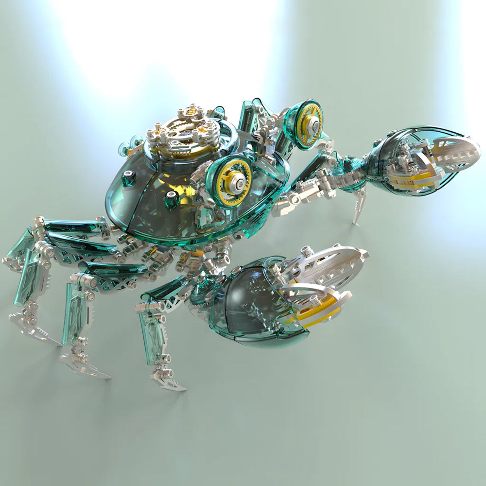 The green translucent variant of the Cyberpunk Mechanical Crab, showcasing its intricate metal skeleton and gold/yellow gear accents