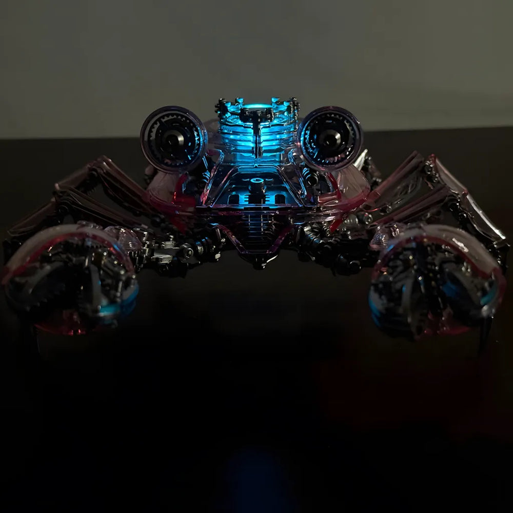The Cyberpunk Crab model in a dark setting, with its central blue LED core glowing intensely through its red-tinted armor