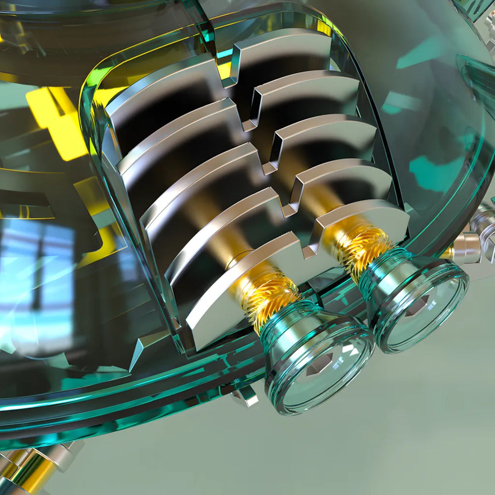 An extreme macro shot showing the internal silver 'engine' components and the transparent 'eyes' of the Cyberpunk Crab model