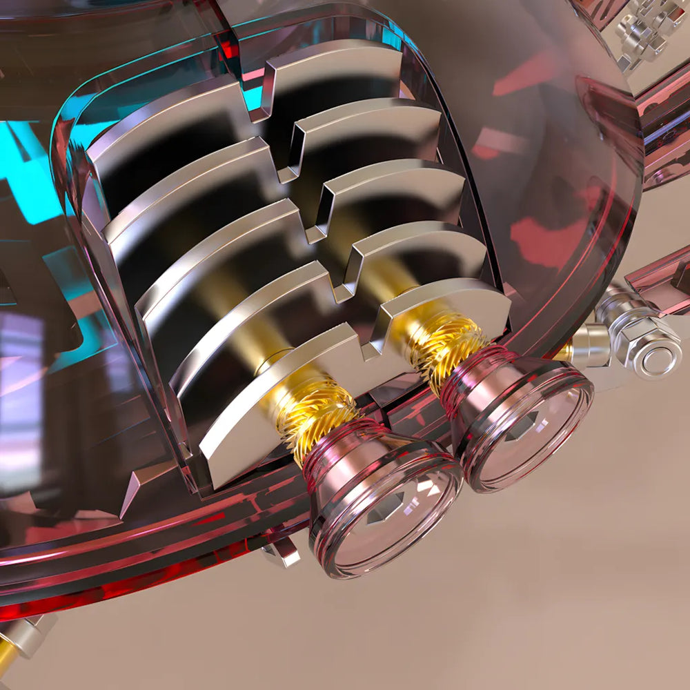An extreme macro shot showing the internal silver 'engine' components, the cooling fins, and the transparent red nozzles of the Cyberpunk Crab model
