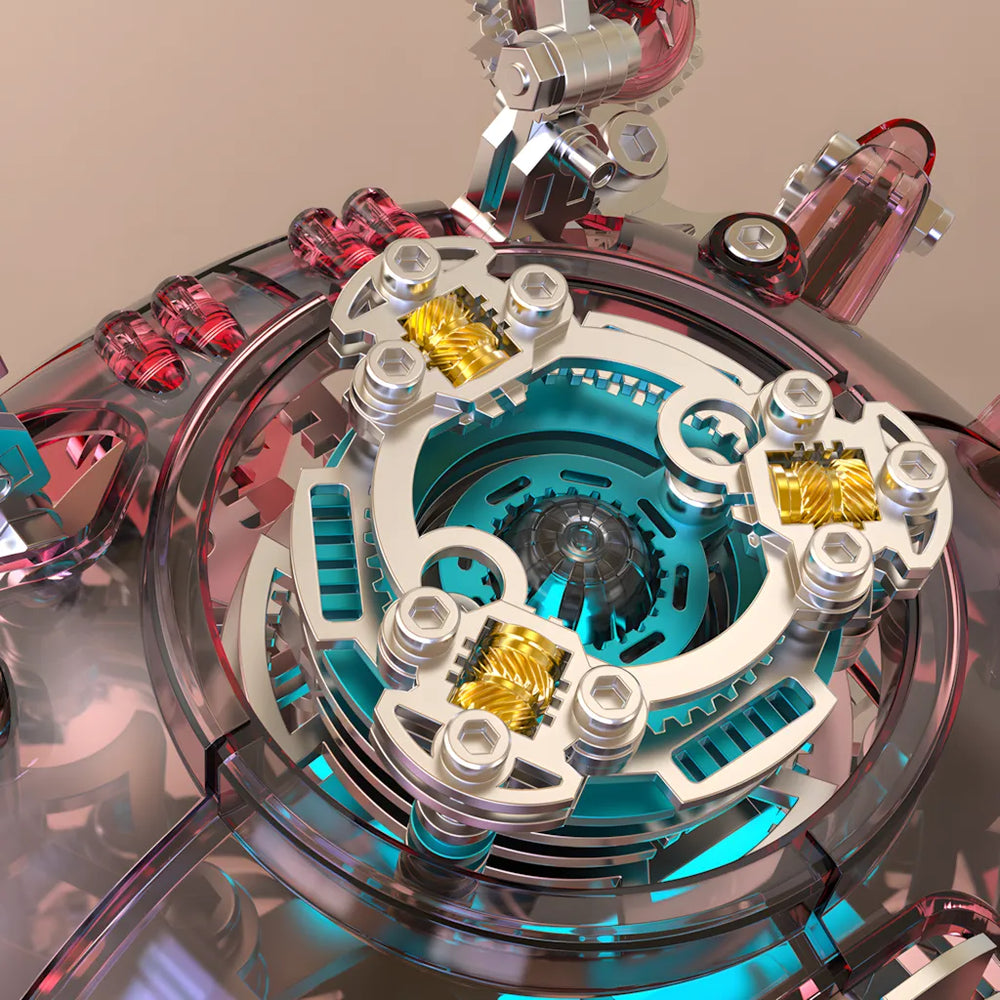 A close-up macro shot of the glowing blue cybernetic core and golden gear components of the 3D metal crab puzzle