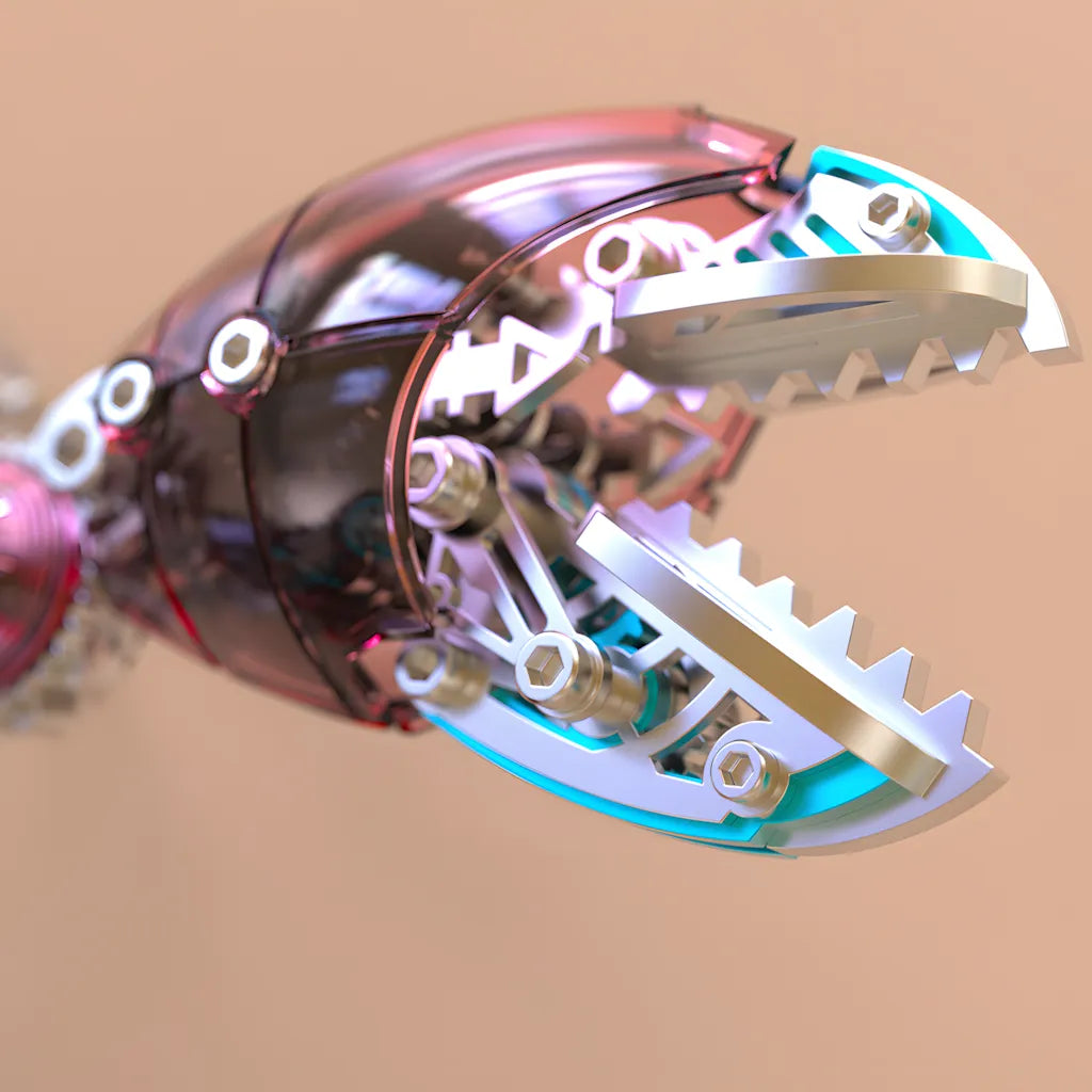 A detailed close-up view of the articulated mechanical pincer of the 3D metal crab model, showing its sharp teeth and translucent armor