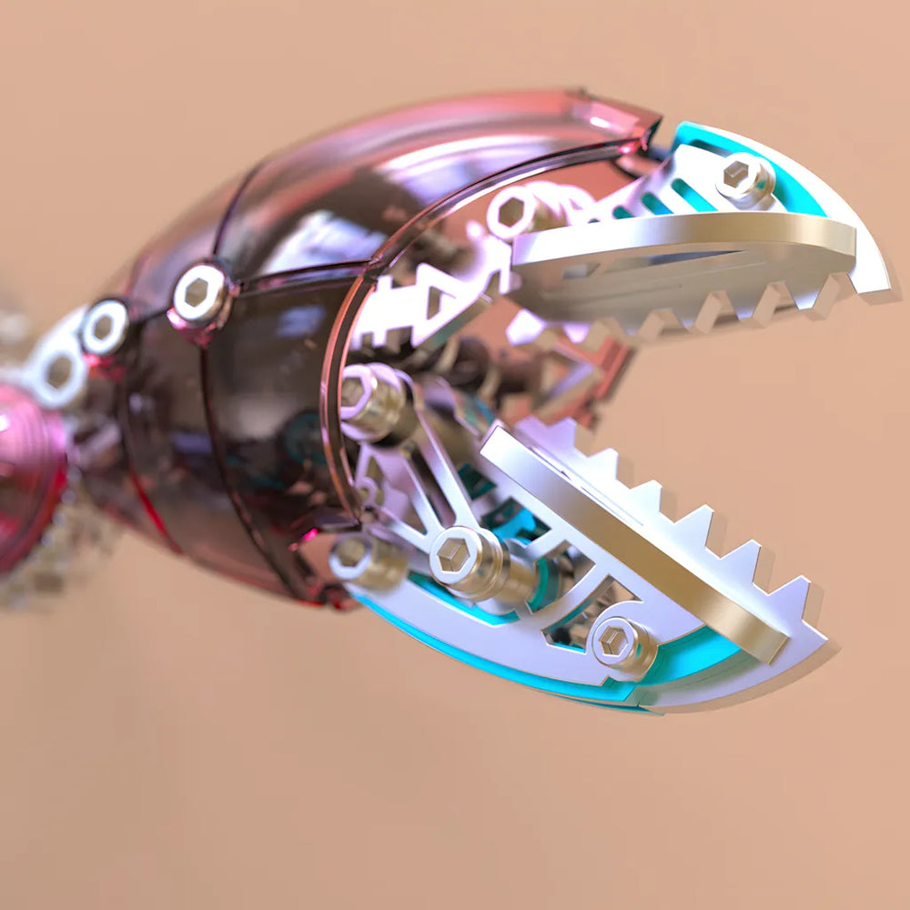 A detailed close-up view of the articulated mechanical pincer of the 3D metal crab model, showing its sharp teeth and translucent armor