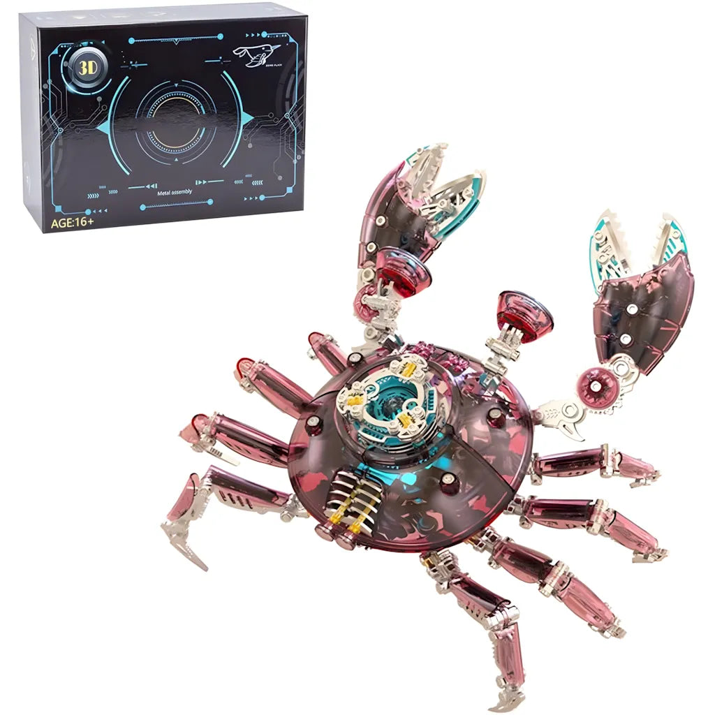 The Cyberpunk Mechanical Crab 'Guardian' with pink translucent armor, shown next to its premium black packaging box