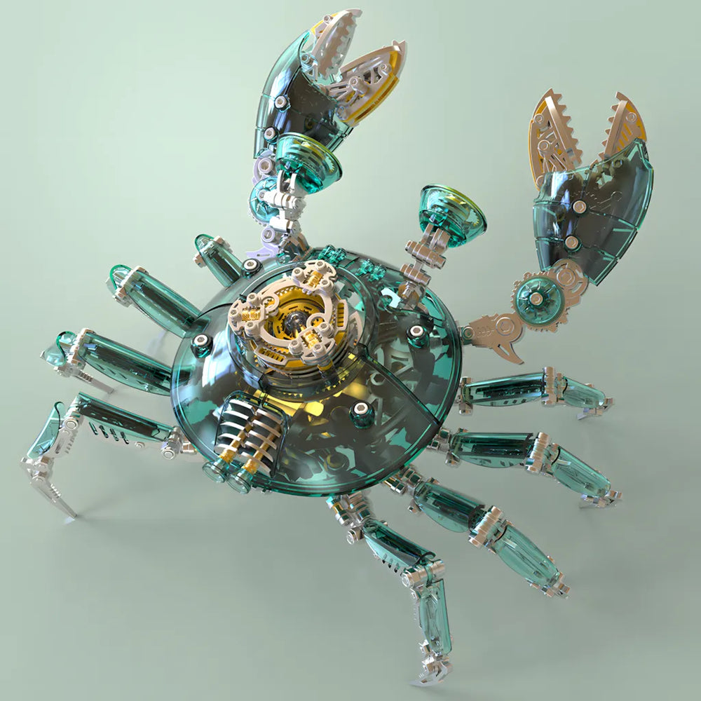 A top-down view of the green Cyberpunk Crab, highlighting its translucent shell, eight articulated legs, and detailed central mechanism