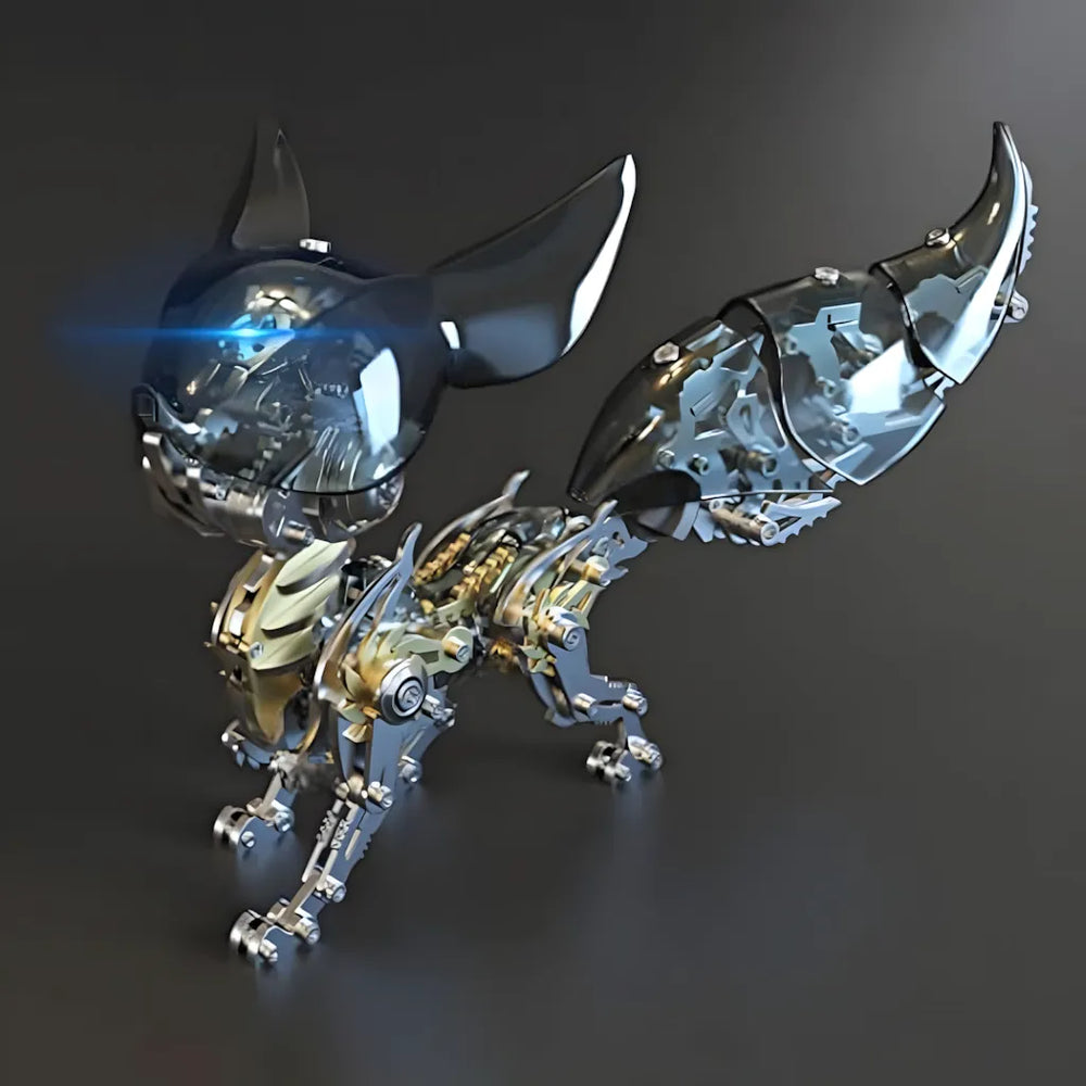 Dynamic front pose of the cyberpunk 3D metal puzzle fox, highlighting the blue glowing optic sensor behind the black translucent ears