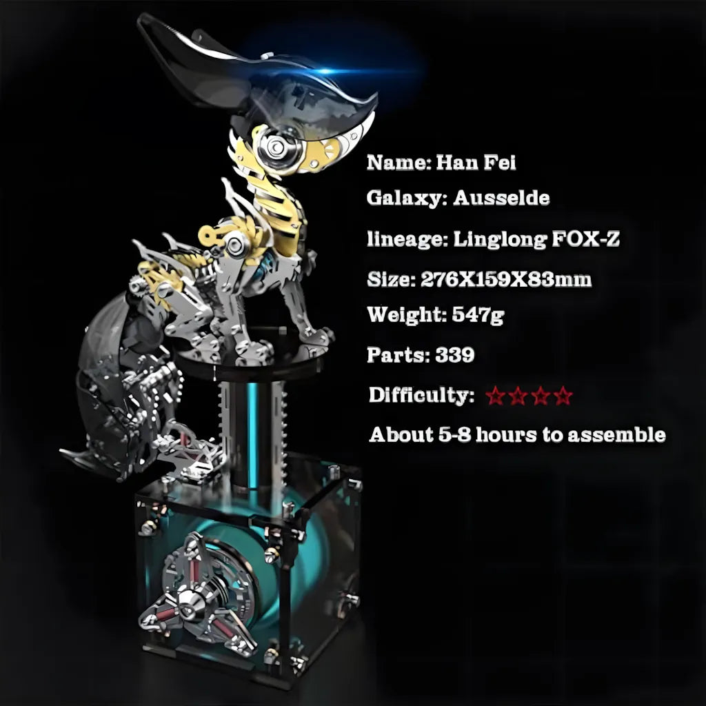 The assembled black robot fox model on a display stand, detailing its specifications: 339 parts, 5-8 hours assembly time, and intermediate difficulty