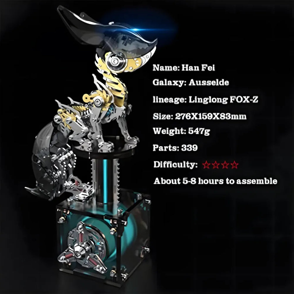 The assembled black robot fox model on a display stand, detailing its specifications: 339 parts, 5-8 hours assembly time, and intermediate difficulty