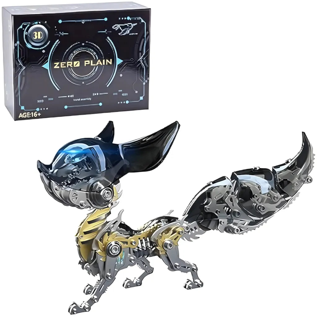 The Cyberpunk Mechanical Fox model in the black and dark blue variant, next to its retail box and packaging, on a white background.