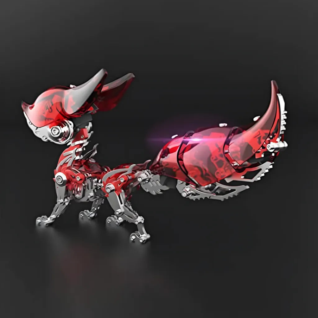 The red shell variant of the robot fox on a dark background, showcasing the internal silver skeleton and red glow effect.
