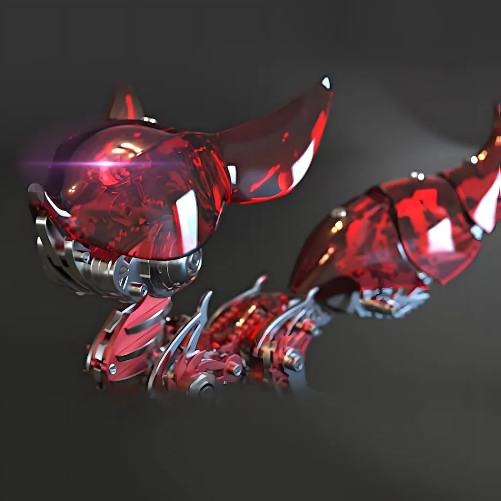 The Mechanical Fox Model Kit in a translucent red shell, highlighting the red glow effect and visible internal metal skeleton