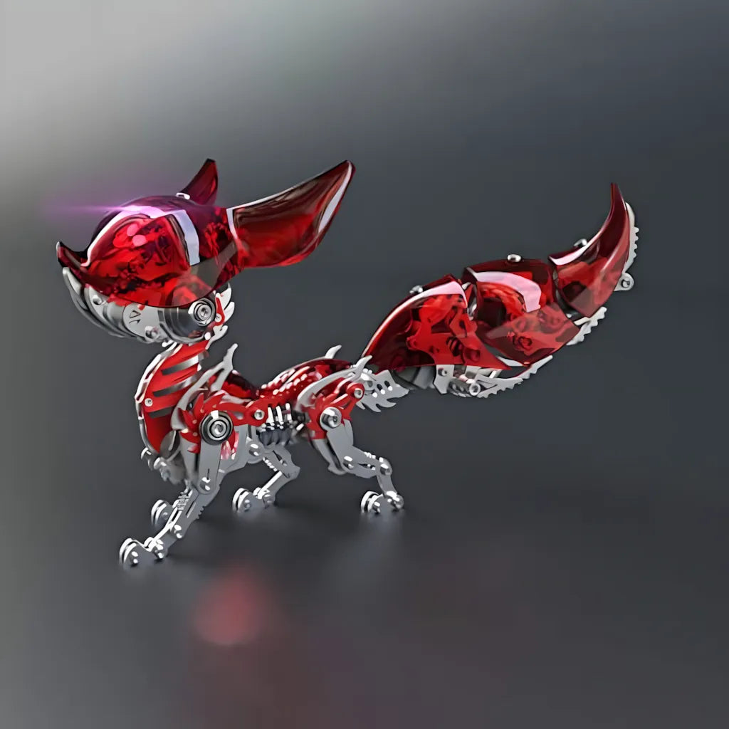 Dynamic pose of the Mechanical Fox with a translucent red shell, emphasizing the visible silver skeleton beneath the 'crystal' armor