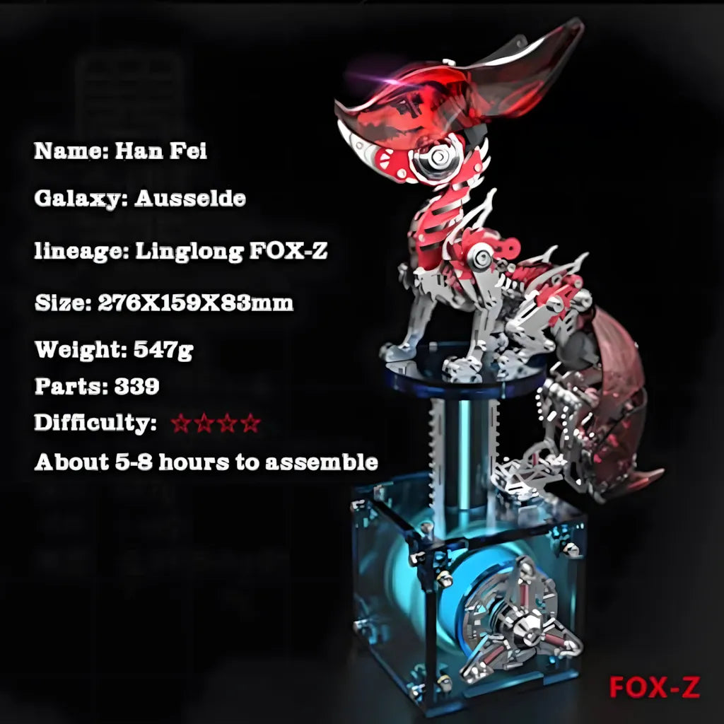 The red variant of the Mechanical Fox Model Kit displayed with its key product specifications and 547g product weight.