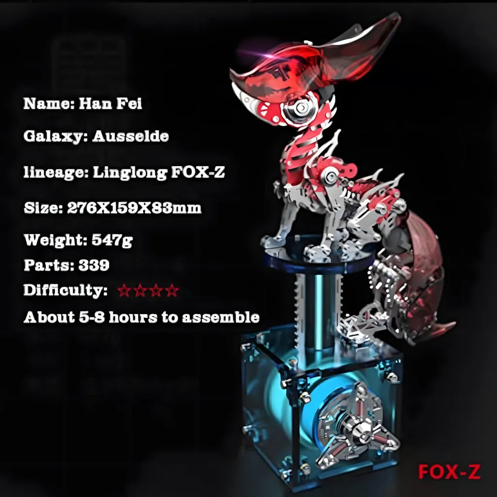 The red variant of the Mechanical Fox Model Kit displayed with its key product specifications and 547g product weight.
