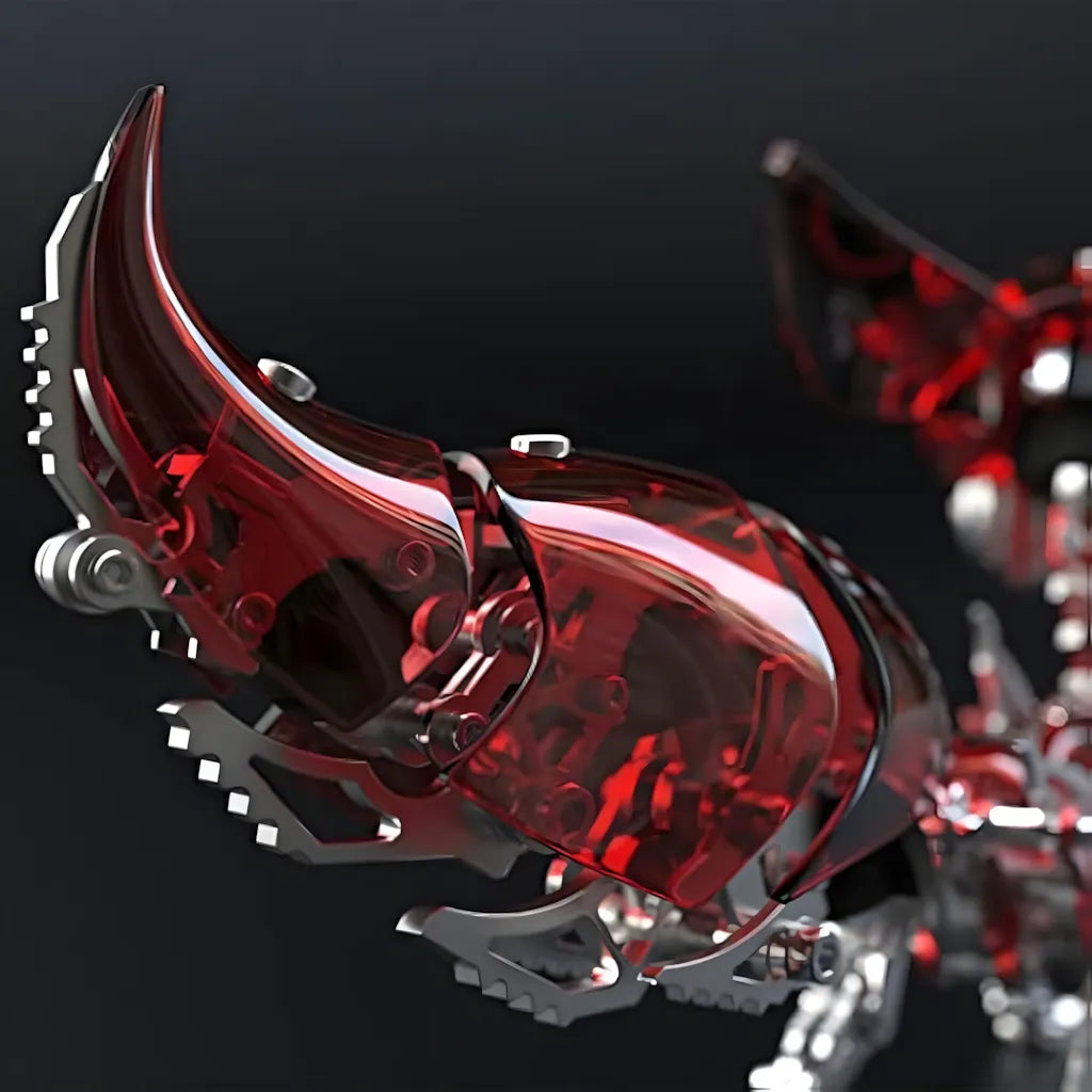 Close-up macro shot of the red mechanical fox's tail, emphasizing the translucent shell and the metallic, gear-driven joints beneath