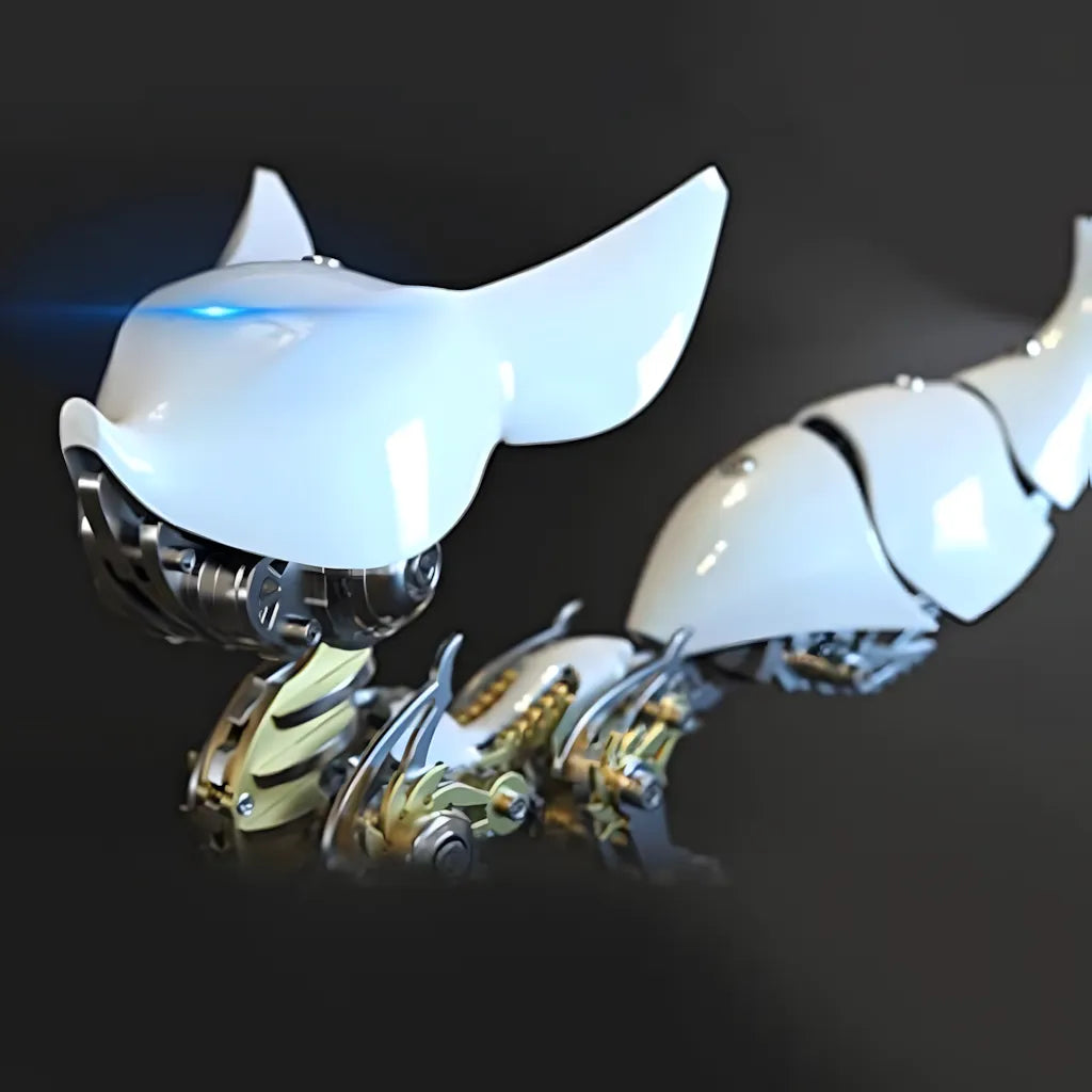 Detailed close-up of the white translucent shell on the Mechanical Fox, showing the blue LED optic sensor and gold-colored inner body