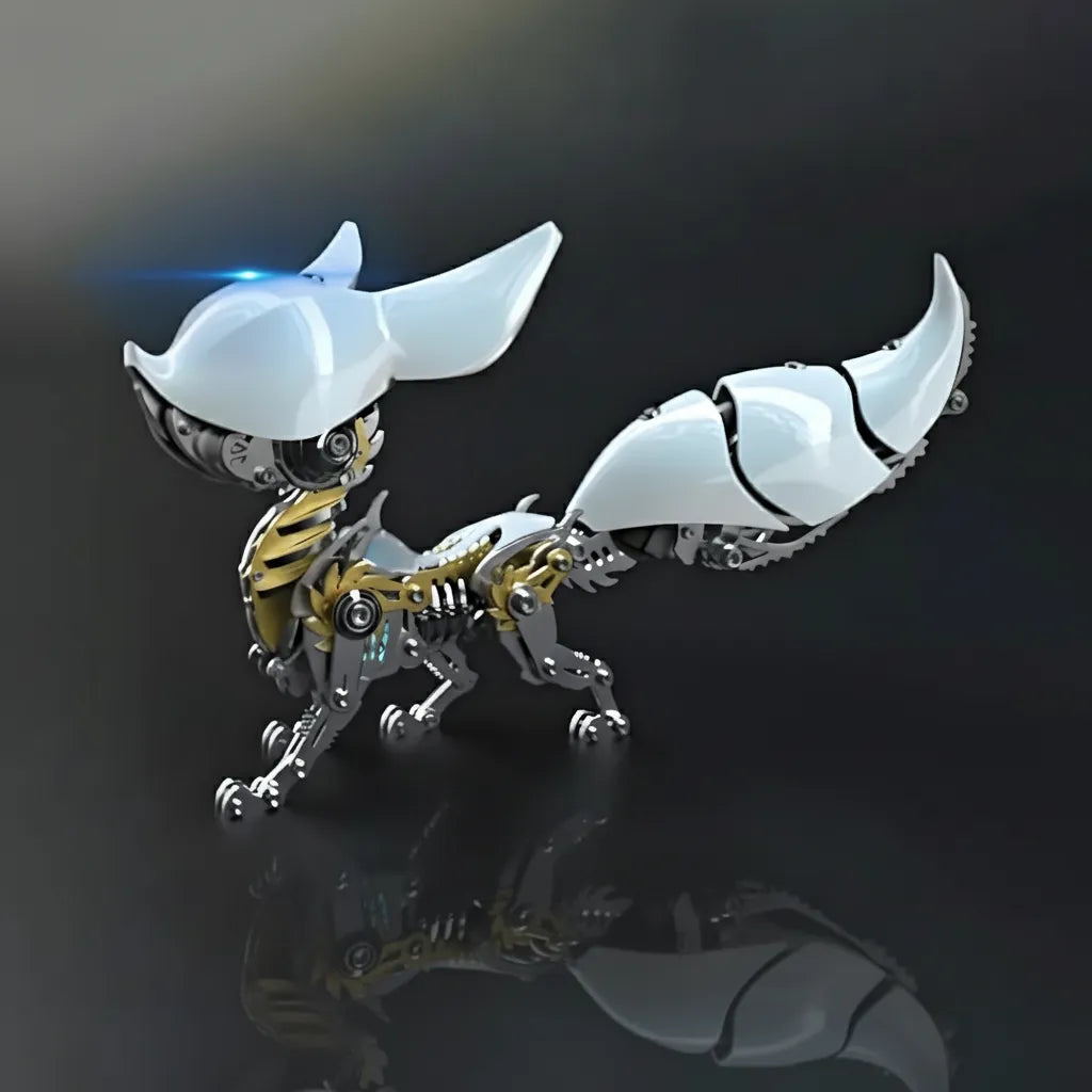 The Cyberpunk Mechanical Fox Model in a futuristic white shell, showing its complex metal skeleton and glowing blue eye