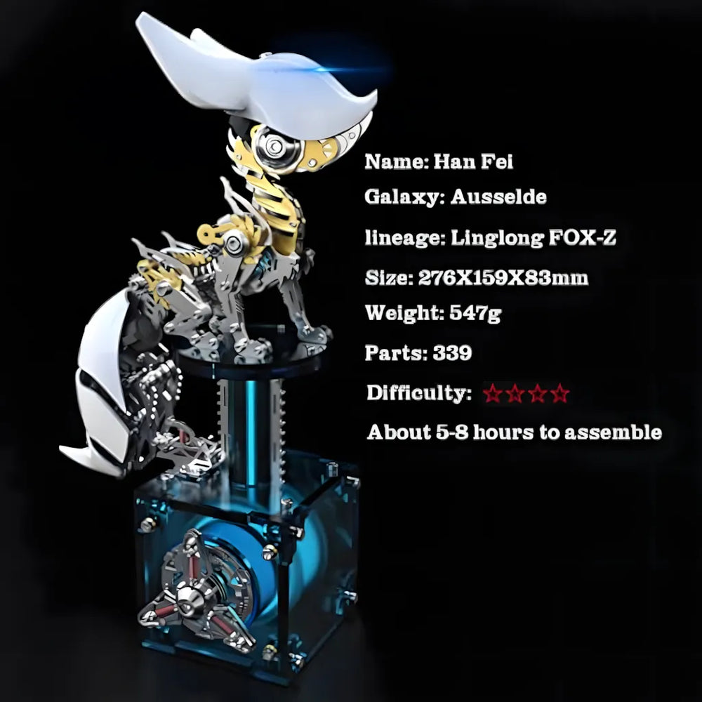 The white variant of the robot fox displayed with its key specifications: 339 parts, 5-8 hours assembly time, and intermediate difficulty
