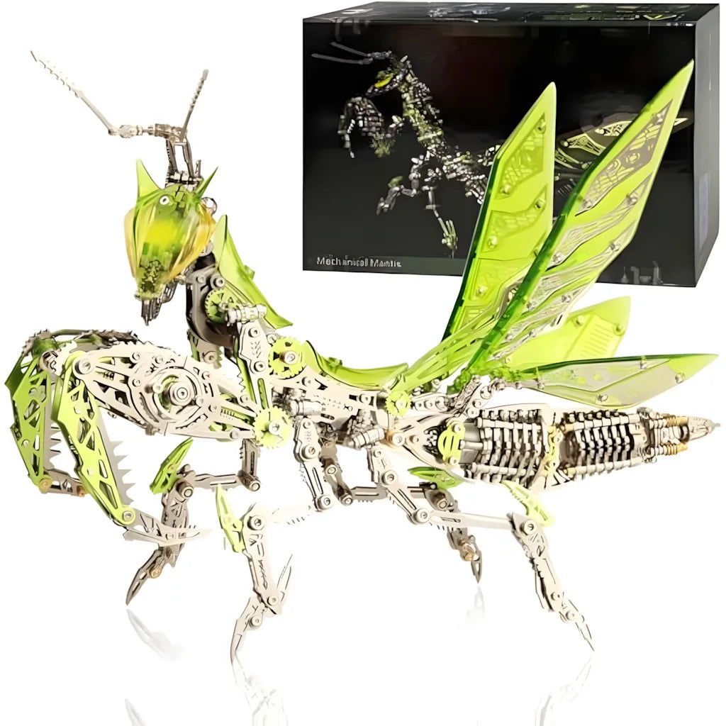 The Cyberpunk Mechanical Praying Mantis in emerald green, an expert-level DIY kit with a luminous LED head and 1109 pieces.
