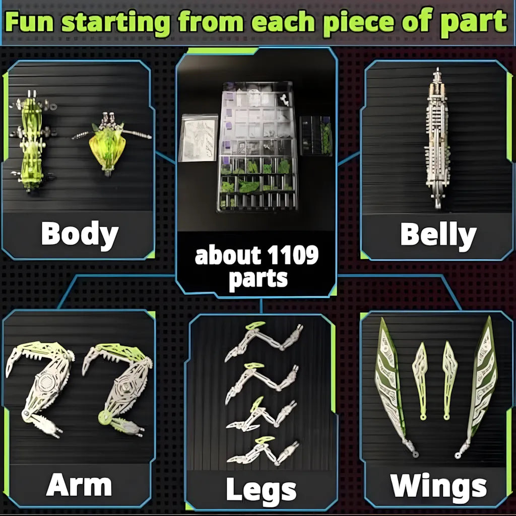 A layout of the 1100+ modular parts for the Mechanical Mantis kit, including body, arms, legs, wings, and packaging.