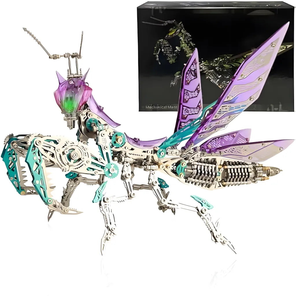 The amethyst purple variant of the Cyberpunk Mechanical Mantis, showcasing its translucent crystal wings and box art. 