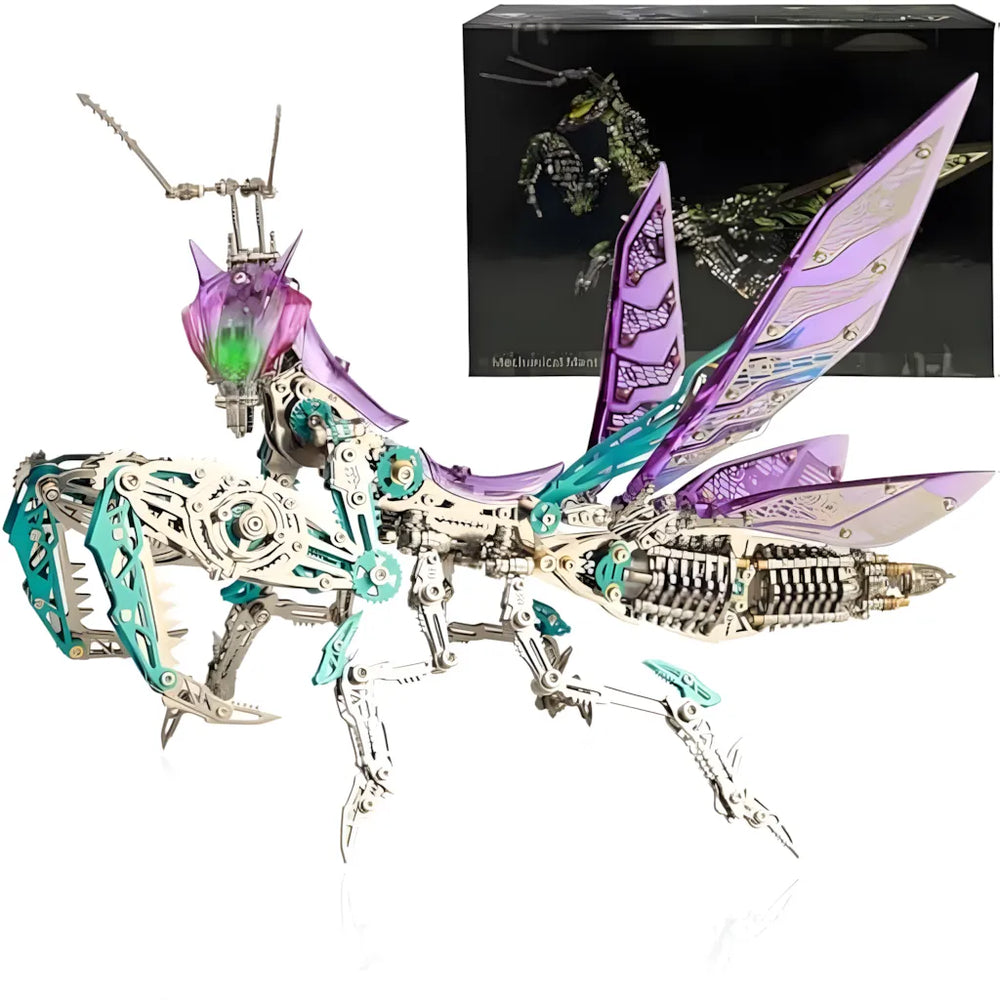 The amethyst purple variant of the Cyberpunk Mechanical Mantis, showcasing its translucent crystal wings and box art. 