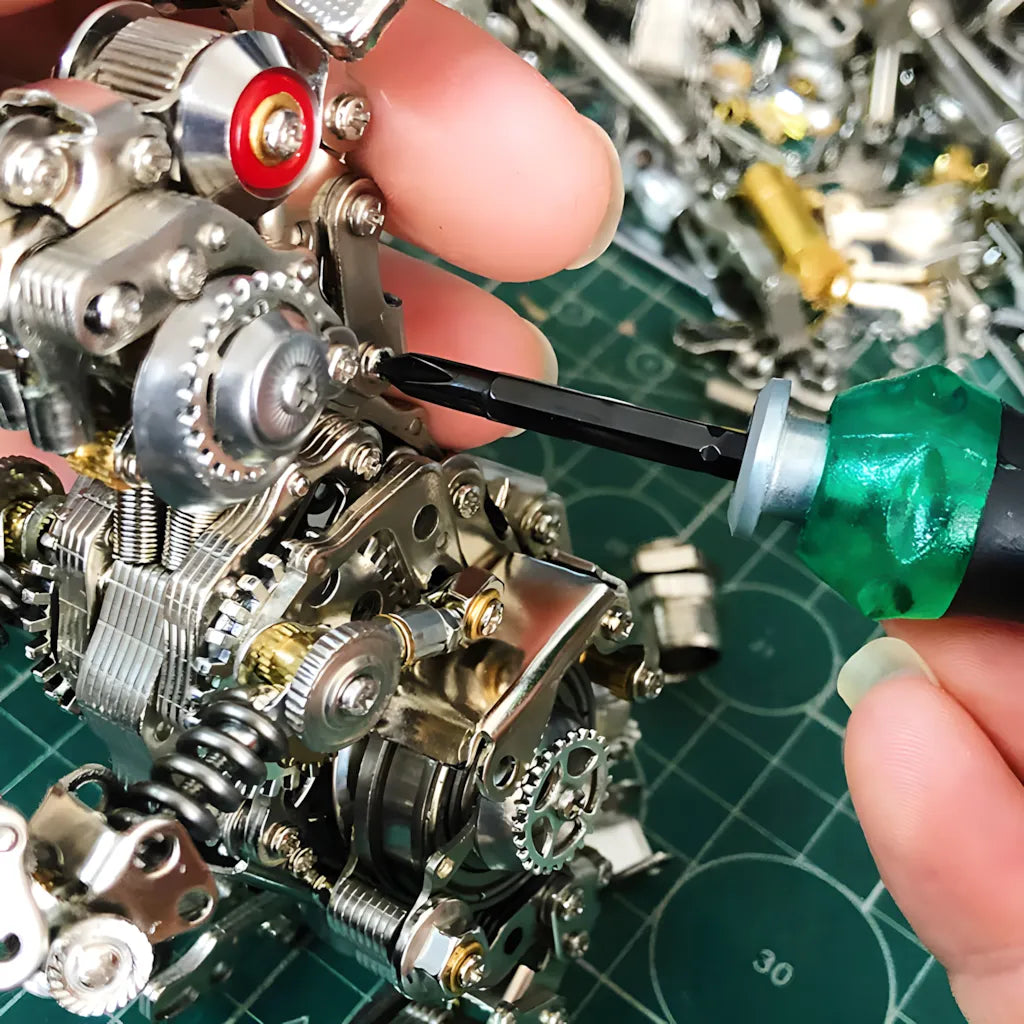 A close-up of a hand assembling the mechanical rabbit model using a screwdriver, highlighting the 500 pieces of alloy and stainless steel