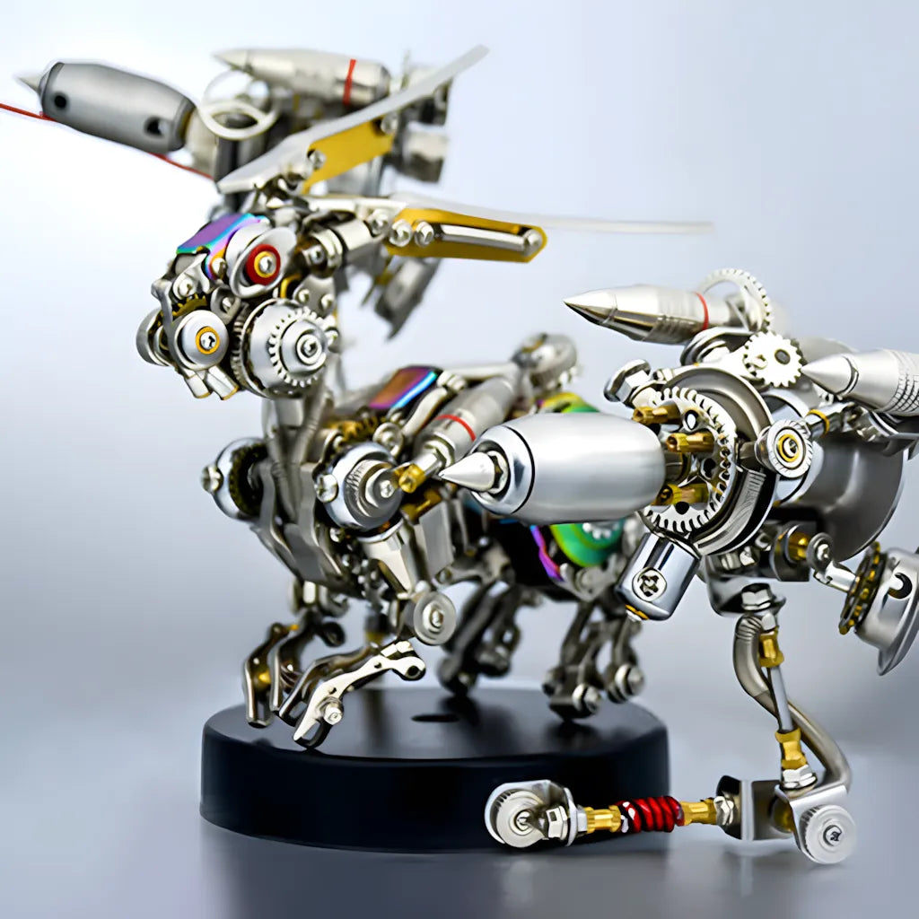The mechanical rabbit model placed next to another assembled robot figure, showing its size and the sleek metal texture