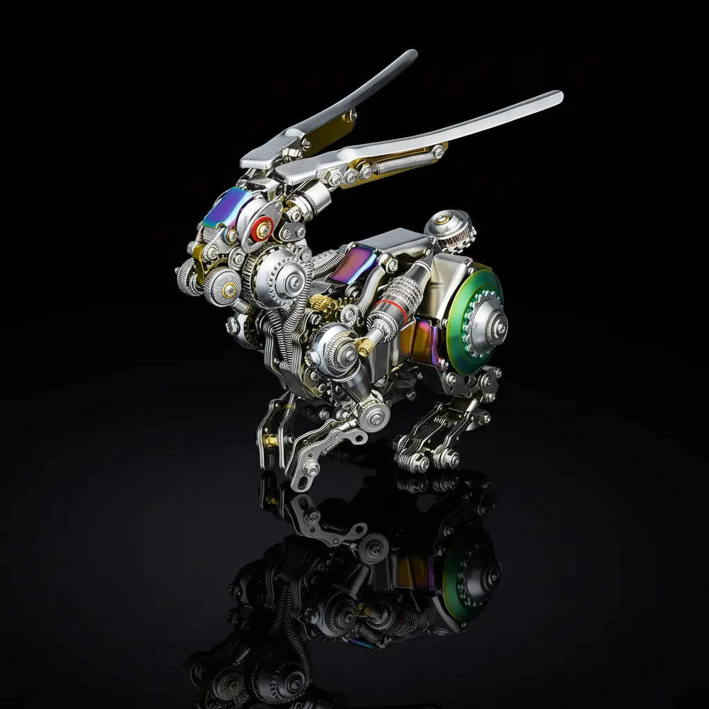 The Cyberpunk Mechanical Rabbit Model Kit with iridescent plates and springs, reflected on a black surface