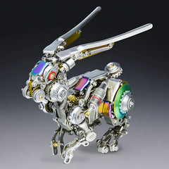 Assembled mechanical rabbit model, showing the side profile, complex gear system, and articulated ears on a grey background