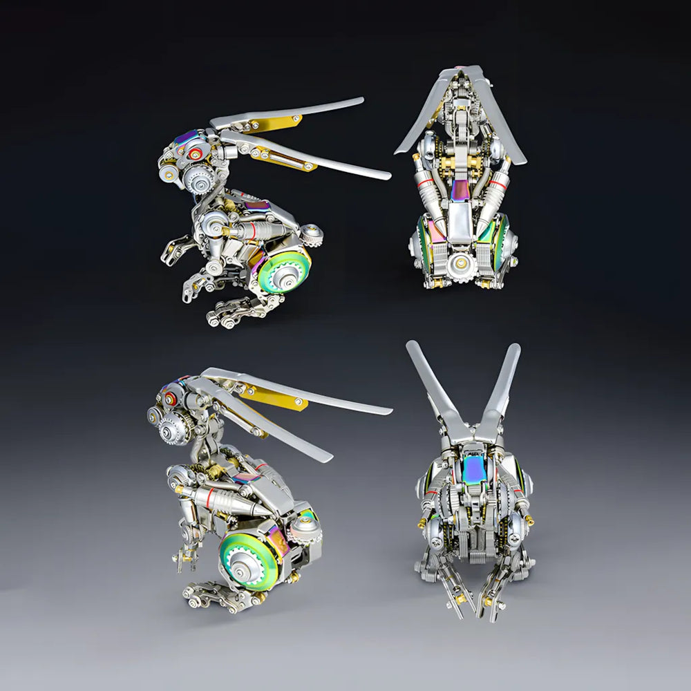 A multi-angle display of the finished Cyberpunk 3D Metal Puzzle, showcasing front and back views of the mechanical rabbit