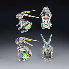 A multi-angle display of the finished Cyberpunk 3D Metal Puzzle, showcasing front and back views of the mechanical rabbit