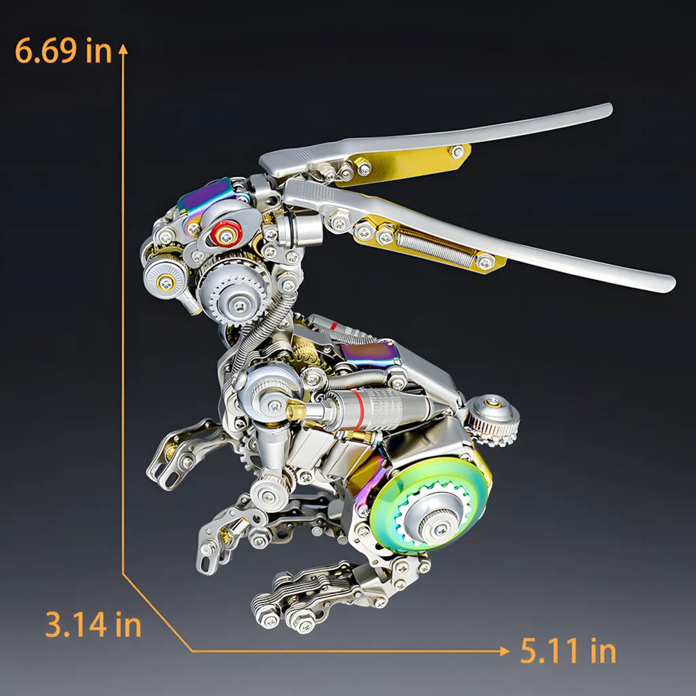 The mechanical rabbit model shown with dimensions: 6.69 in height, 5.11 in length, emphasizing its finished scale
