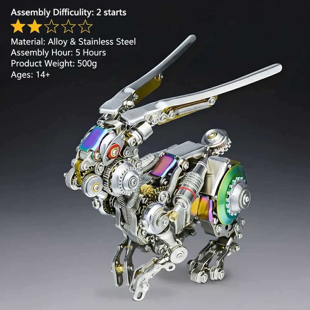 The robot rabbit model displayed with key specifications: 2-star difficulty, 5-hour assembly time, and 500g product weight.