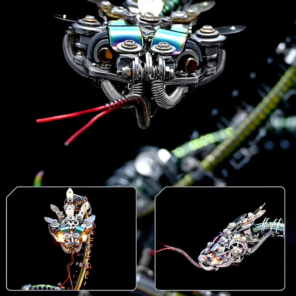 Macro close-up of the rattlesnake head, emphasizing the iridescent metallic plates and the articulated jaw structure.