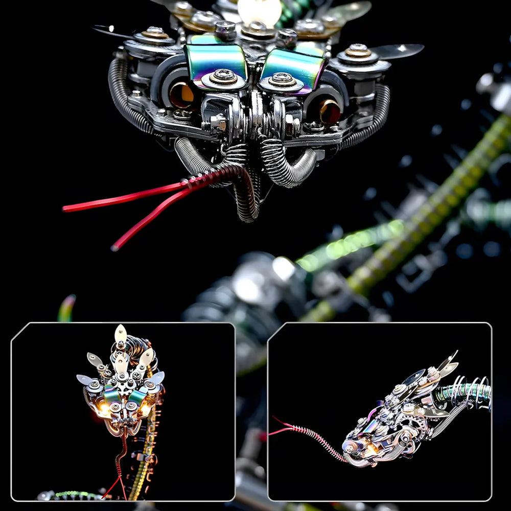 Macro close-up of the rattlesnake head, emphasizing the iridescent metallic plates and the articulated jaw structure.