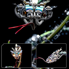 Macro close-up of the rattlesnake head, emphasizing the iridescent metallic plates and the articulated jaw structure.