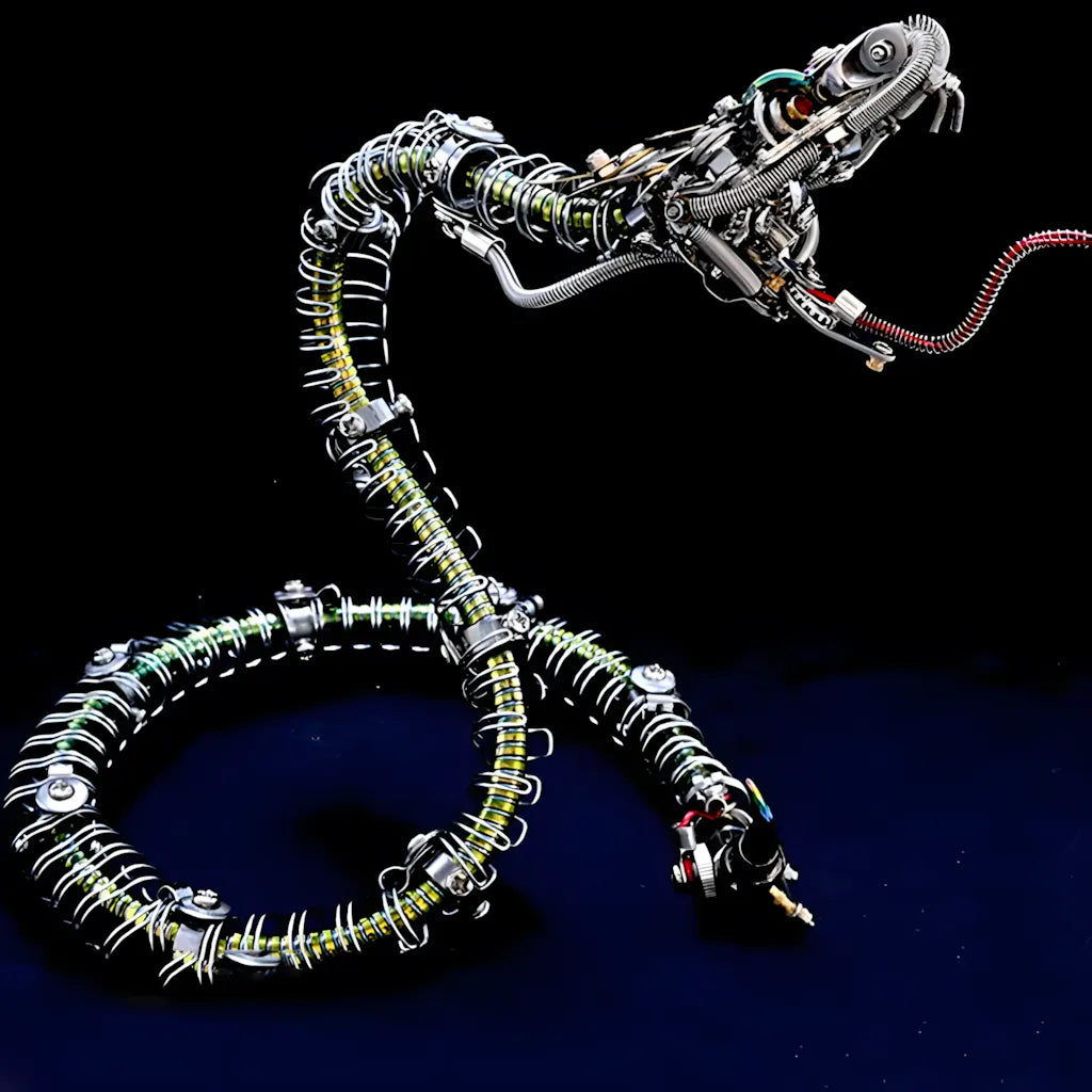 The Mechanical Rattlesnake Kit posed on a dark background, emphasizing the metallic silver armor and the glowing details on the head and tail.