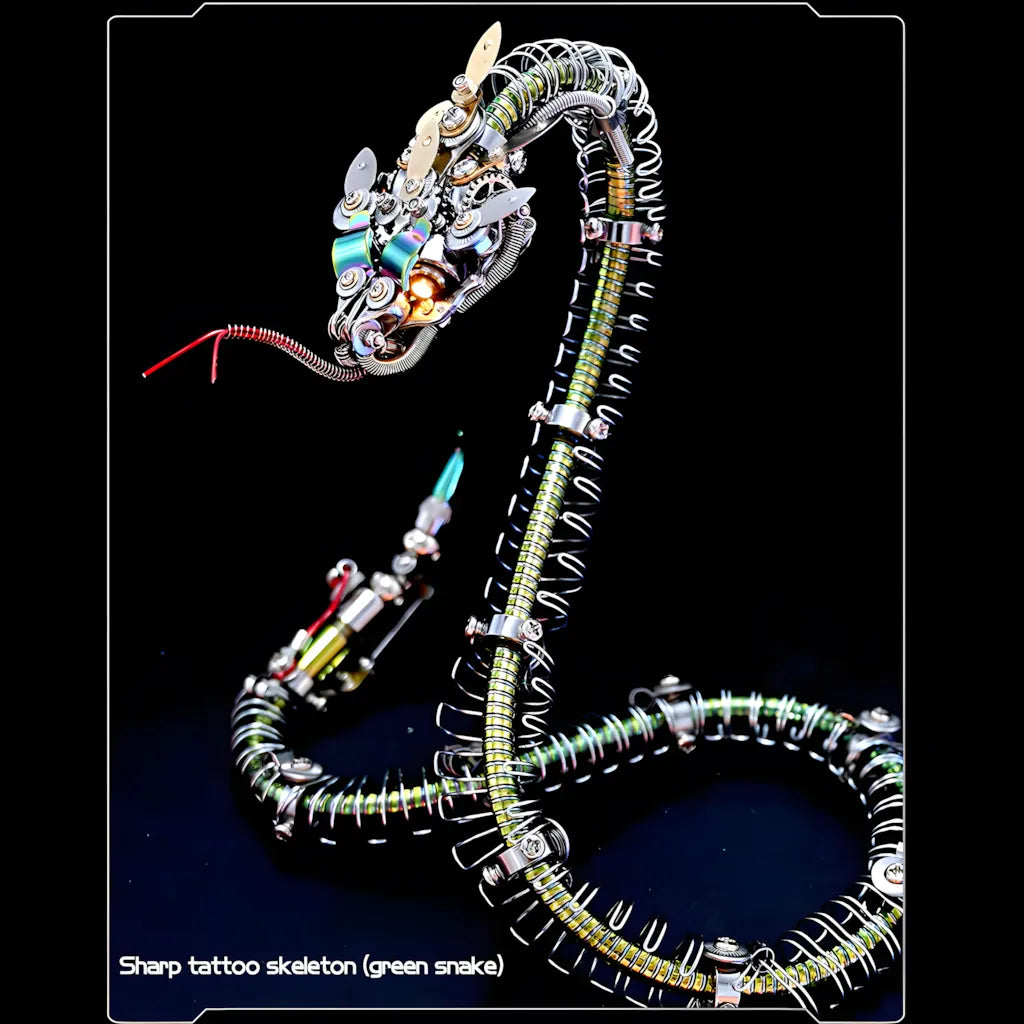 Close-up of the mechanical rattlesnake head in a dark setting, highlighting the glowing eyes and the sharp metallic tail segment.