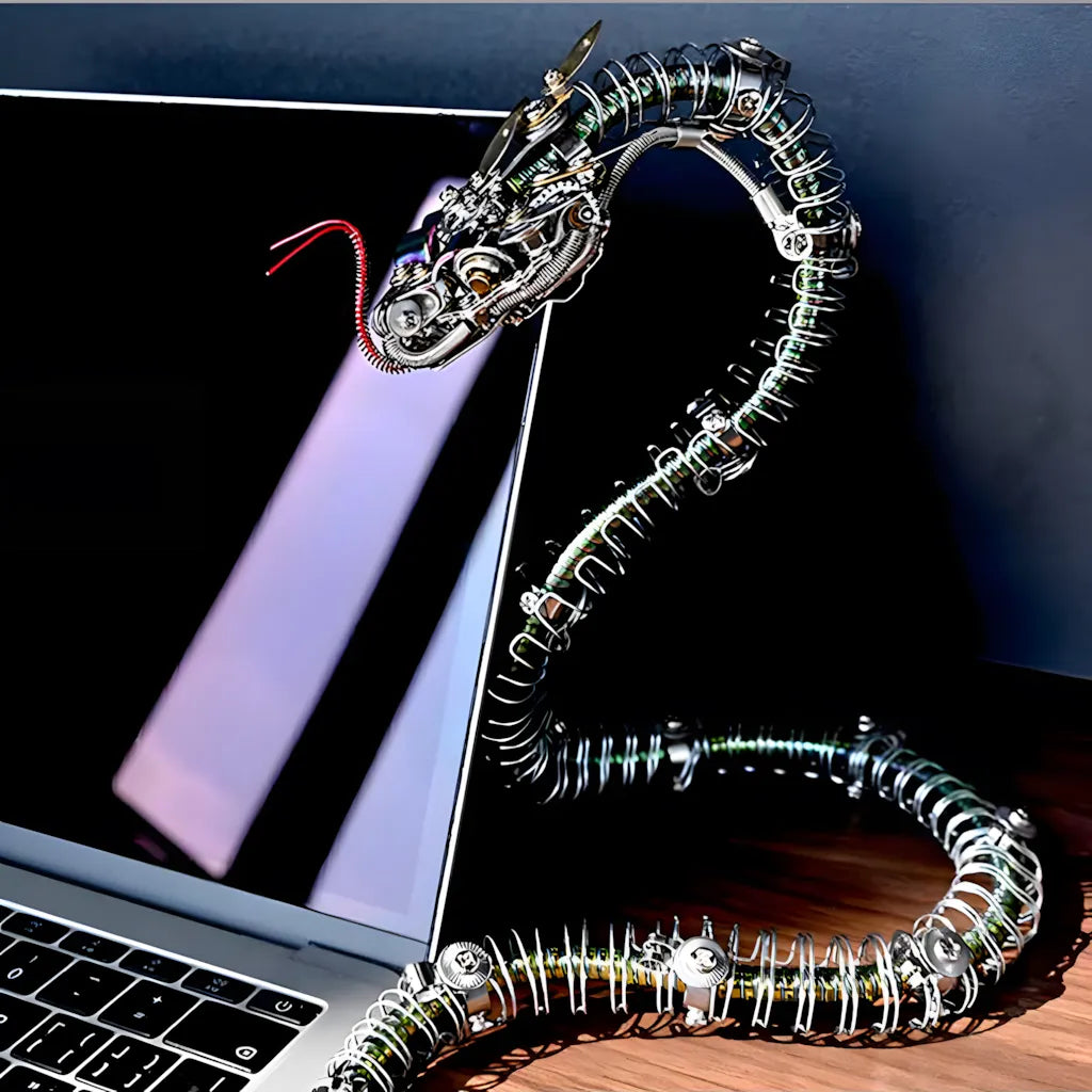 The rattlesnake sculpture model posed next to a laptop, providing a size comparison and illustrating its use as desk decor