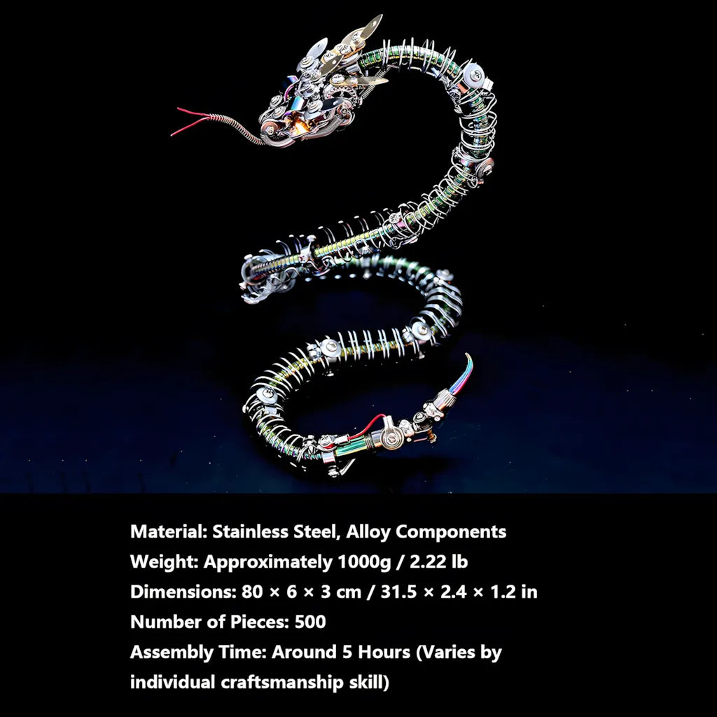 The Mechanical Rattlesnake model displayed with its key specifications: 500 pieces, 80cm dimensions, and 5-8 hour assembly time