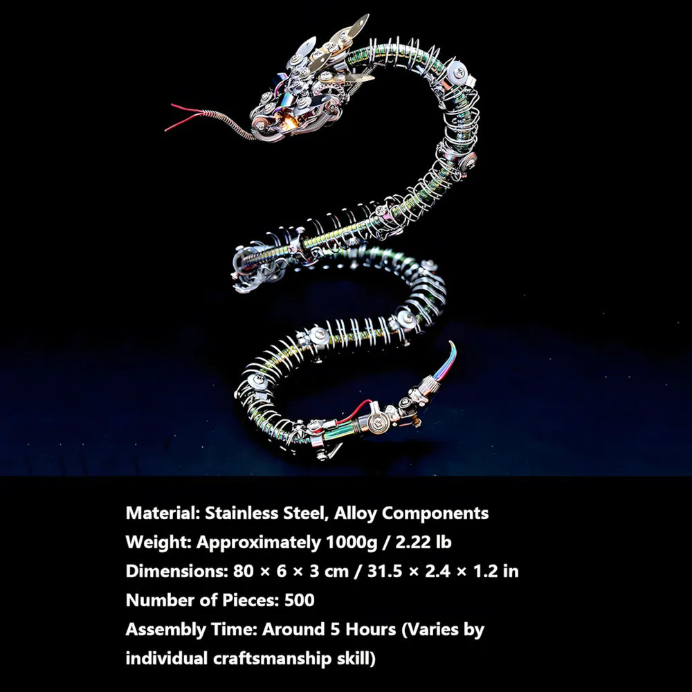 The Mechanical Rattlesnake model displayed with its key specifications: 500 pieces, 80cm dimensions, and 5-8 hour assembly time