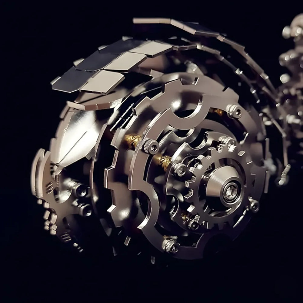 A detailed macro shot of the complex mechanical leg joint assembly and metal gearwork of the 3D metal spider puzzle.