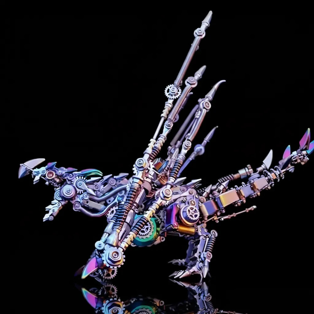 The Cyberpunk Wyvern model kit with iridescent details reflecting on a black surface, emphasizing its advanced mechanical body