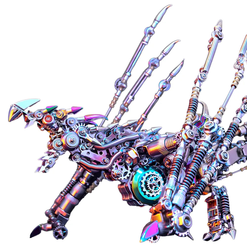 The Iridescent Drake in a battle-ready pose, showcasing the detailed metal plating and articulated, spiked wings on a white background